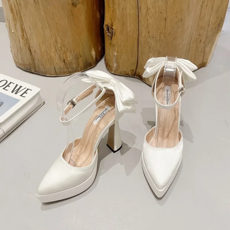 High Heels Women Summer New Fashion Satin Face High Heel Sandals Bow One Word Buckle Pointed Toe Thick Heel Women's Shoes High Heels Women Summer New Fashion Satin Face High Heel Sandals Bow One Word Buckle Pointed Toe Thick Heel Women's Shoes