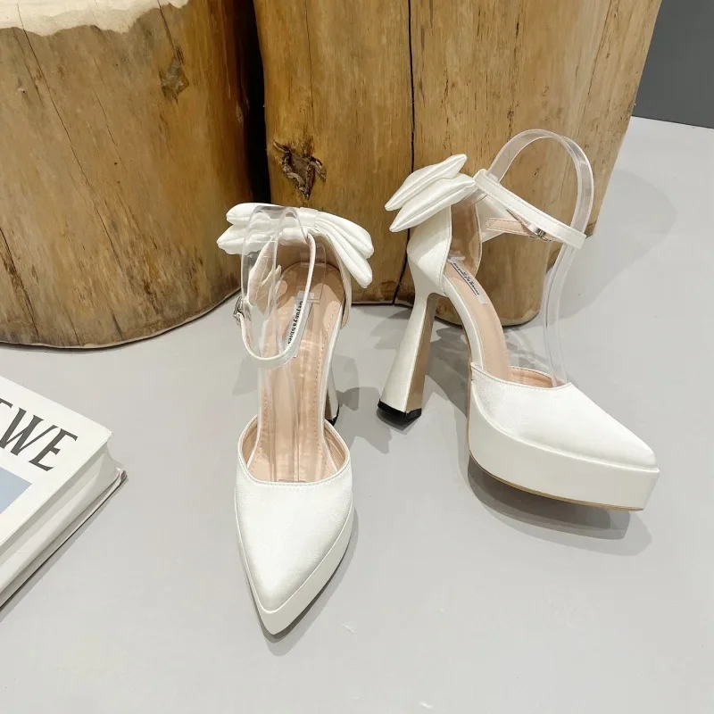 High Heels Women Summer New Fashion Satin Face High Heel Sandals Bow One Word Buckle Pointed Toe Thick Heel Women's Shoes High Heels Women Summer New Fashion Satin Face High Heel Sandals Bow One Word Buckle Pointed Toe Thick Heel Women's Shoes