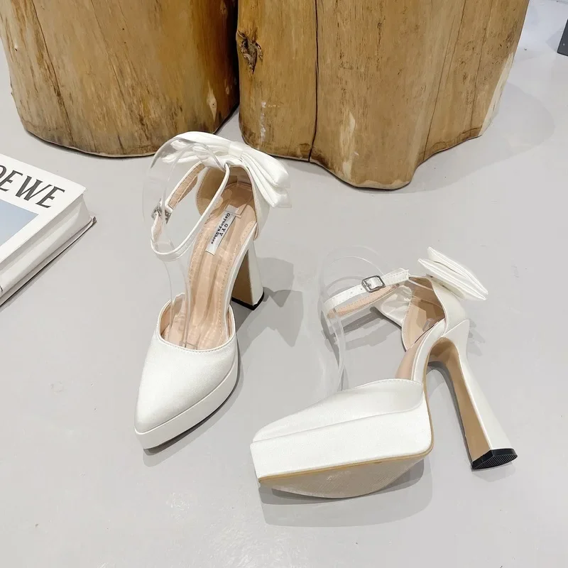 High Heels Women Summer New Fashion Satin Face High Heel Sandals Bow One Word Buckle Pointed Toe Thick Heel Women's Shoes High Heels Women Summer New Fashion Satin Face High Heel Sandals Bow One Word Buckle Pointed Toe Thick Heel Women's Shoes