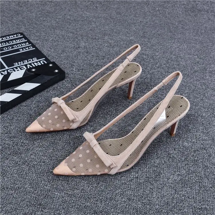 Women's Pumps Shoes Summer Fashion Pointy Bow Mesh Breathable Stiletto Heel Shallow Sandals Women Zapatos De Mujer Talon Femme