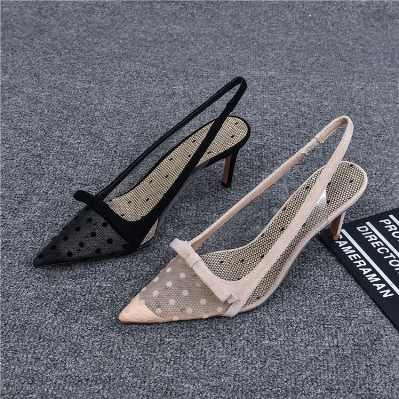 Women's Pumps Shoes Summer Fashion Pointy Bow Mesh Breathable Stiletto Heel Shallow Sandals Women Zapatos De Mujer Talon Femme
