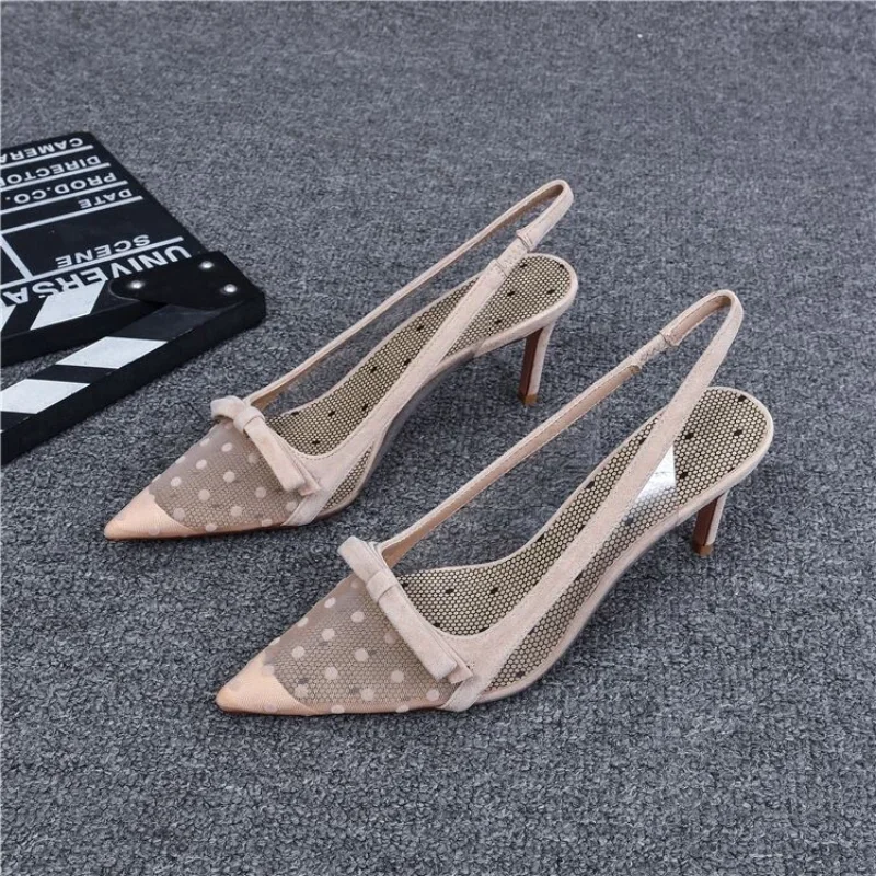 Women's Pumps Shoes Summer Fashion Pointy Bow Mesh Breathable Stiletto Heel Shallow Sandals Women Zapatos De Mujer Talon Femme