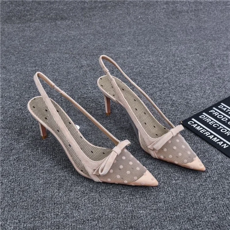 Women's Pumps Shoes Summer Fashion Pointy Bow Mesh Breathable Stiletto Heel Shallow Sandals Women Zapatos De Mujer Talon Femme