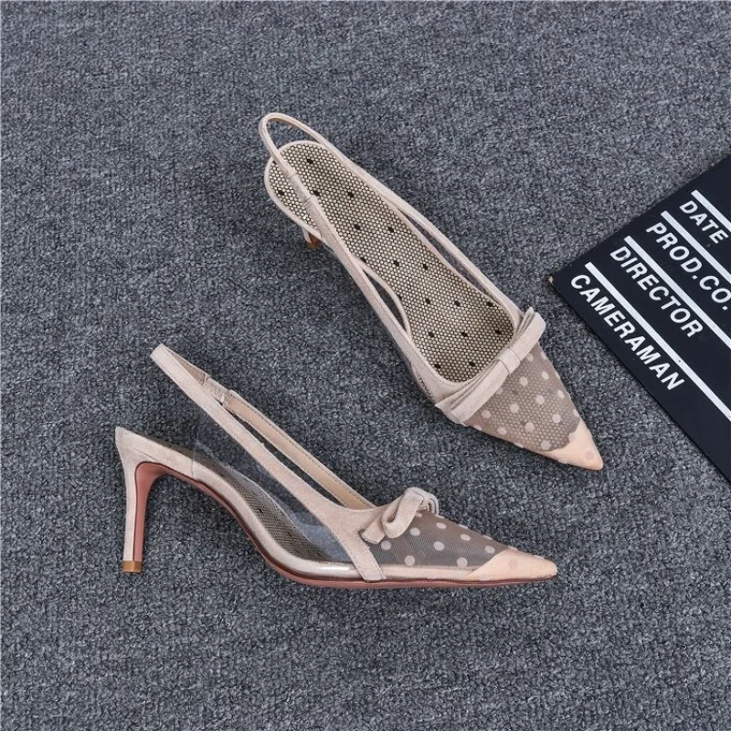 Women's Pumps Shoes Summer Fashion Pointy Bow Mesh Breathable Stiletto Heel Shallow Sandals Women Zapatos De Mujer Talon Femme