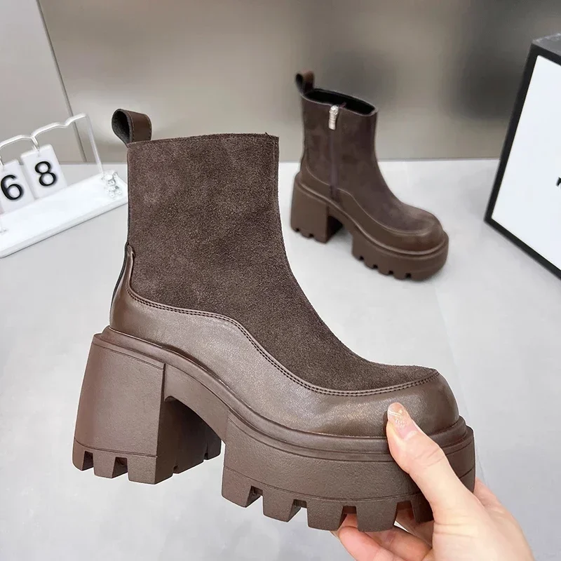 Designer Vintage Winter Platform High Heel Women Ankle Boots Fashion Zippers Short Booties Designer