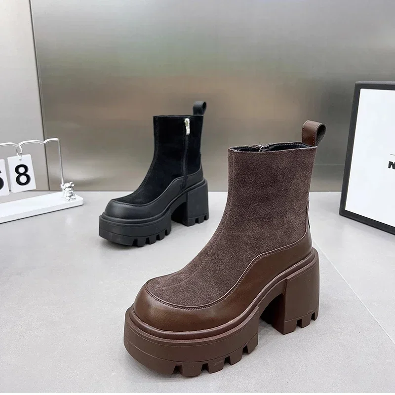 Designer Vintage Winter Platform High Heel Women Ankle Boots Fashion Zippers Short Booties Designer