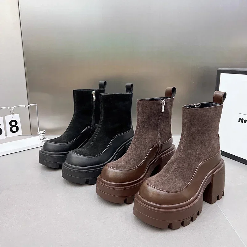 Designer Vintage Winter Platform High Heel Women Ankle Boots Fashion Zippers Short Booties Designer
