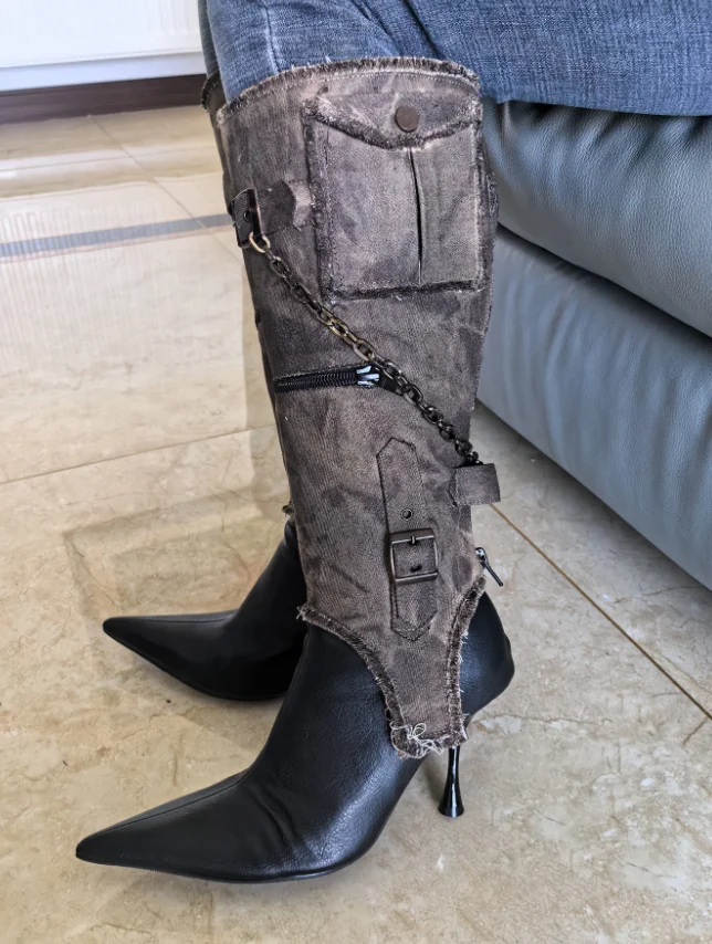 Vintage Pointed Belt Buckle Western Cowboy Boot Women's Fashion Metal Chain Detachable Two Wear Tooling Women's Boots 35-39 Vintage Pointed Belt Buckle Western Cowboy Boot Women's Fashion Metal Chain Detachable Two Wear Tooling Women's Boots 35-39