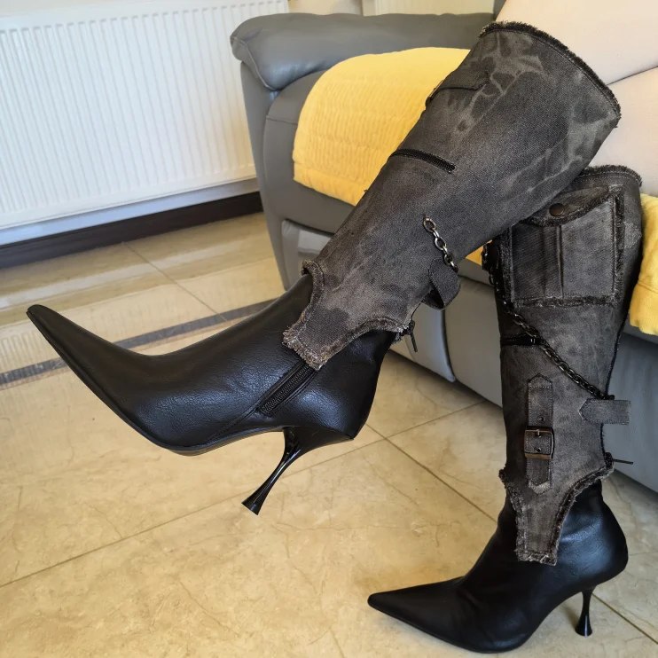 Vintage Pointed Belt Buckle Western Cowboy Boot Women's Fashion Metal Chain Detachable Two Wear Tooling Women's Boots 35-39 Vintage Pointed Belt Buckle Western Cowboy Boot Women's Fashion Metal Chain Detachable Two Wear Tooling Women's Boots 35-39