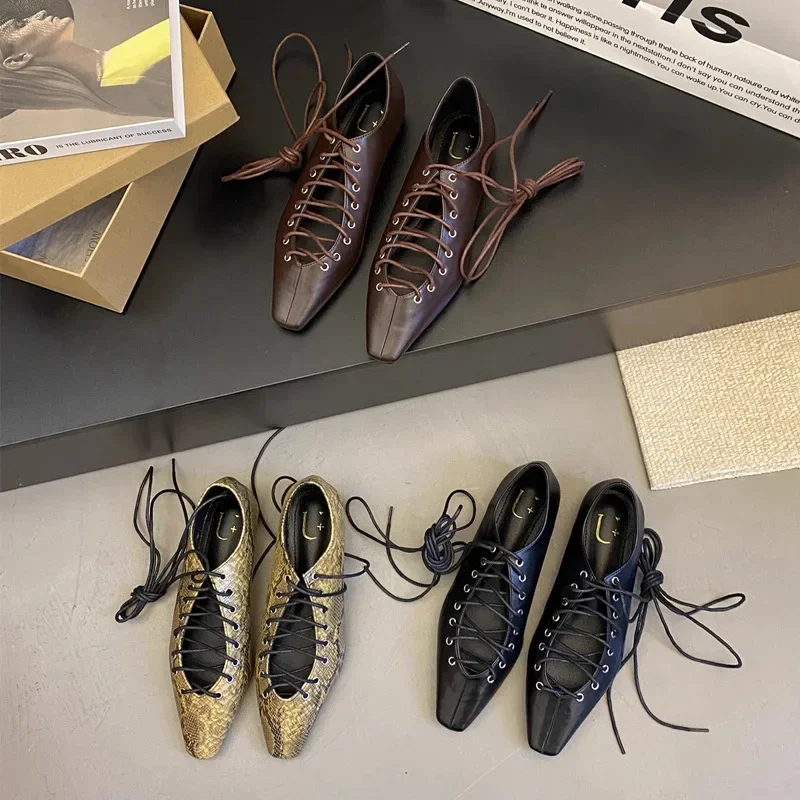 Fashionable Casual French Style Women's Shoes 2025 New Versatile Shallow British Wind Vintage Small Leather Shoes Cross Strap