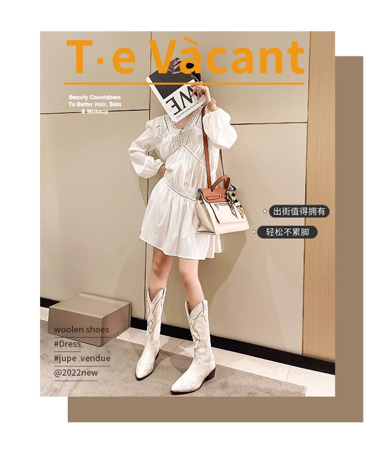 Women's Boots Retro Autumn Winter White Knee High Boots Big Size 41 Women Comfy Walking Female Western Cowboy Boot Women's Shoes