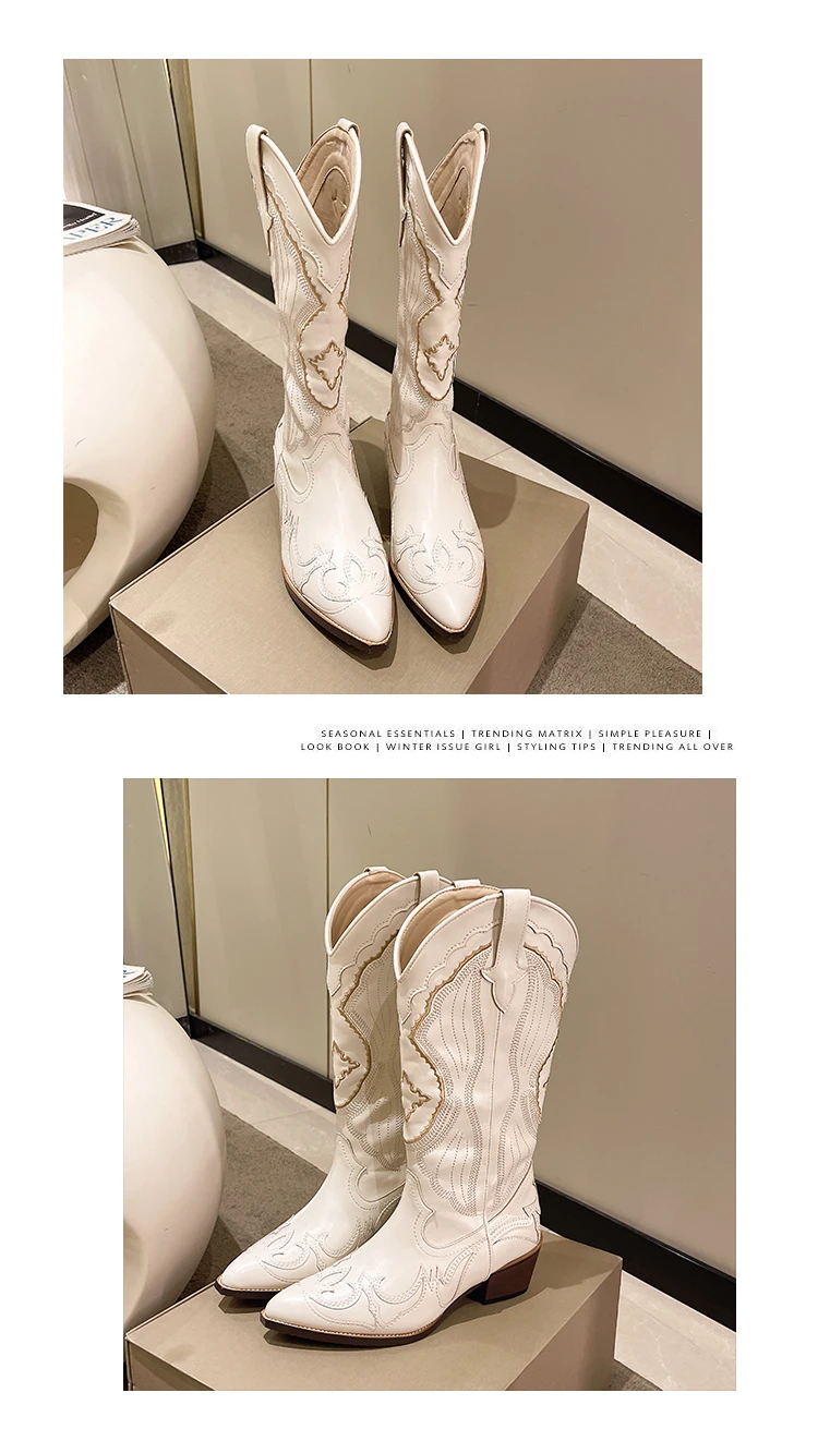 Women's Boots Retro Autumn Winter White Knee High Boots Big Size 41 Women Comfy Walking Female Western Cowboy Boot Women's Shoes