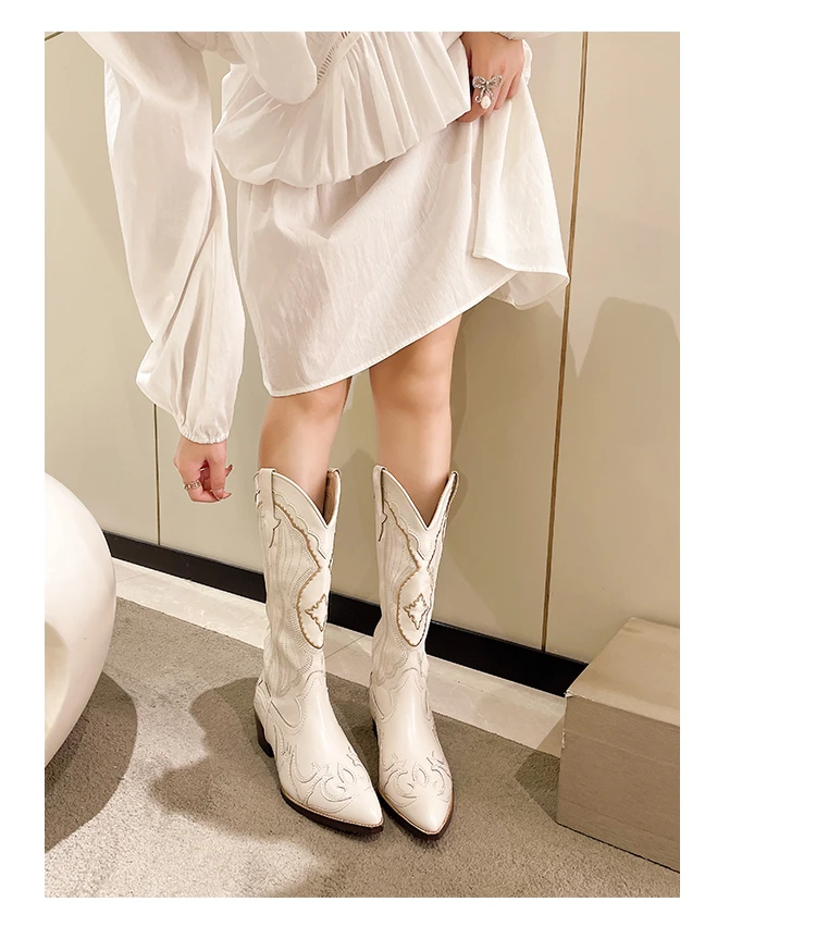 Women's Boots Retro Autumn Winter White Knee High Boots Big Size 41 Women Comfy Walking Female Western Cowboy Boot Women's Shoes