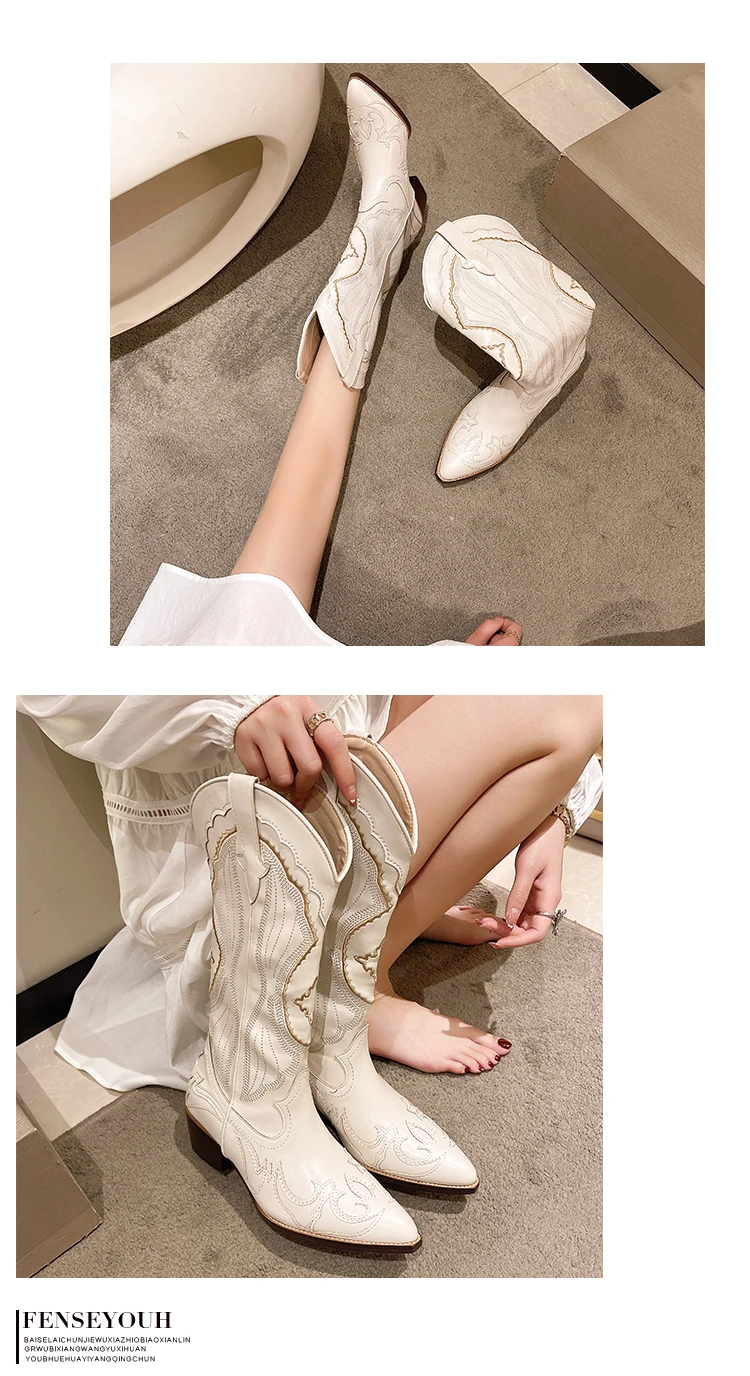 Women's Boots Retro Autumn Winter White Knee High Boots Big Size 41 Women Comfy Walking Female Western Cowboy Boot Women's Shoes