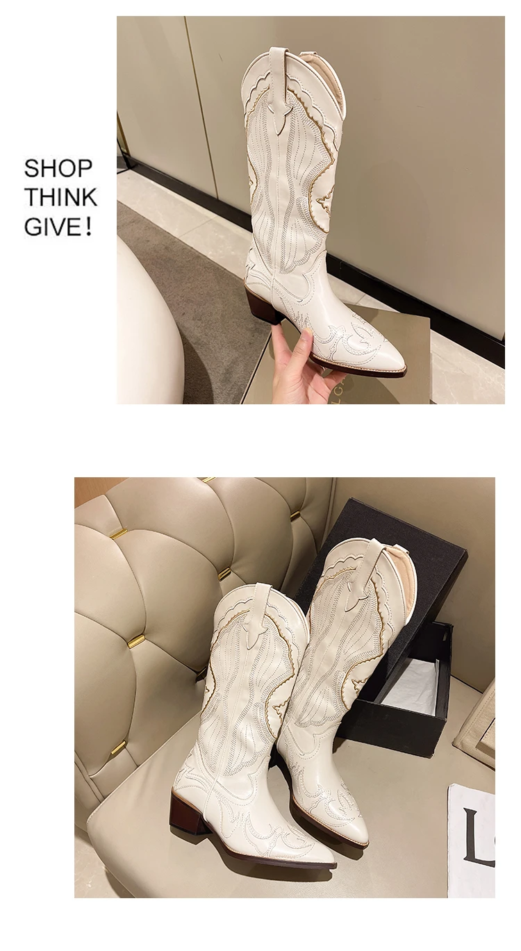 Women's Boots Retro Autumn Winter White Knee High Boots Big Size 41 Women Comfy Walking Female Western Cowboy Boot Women's Shoes