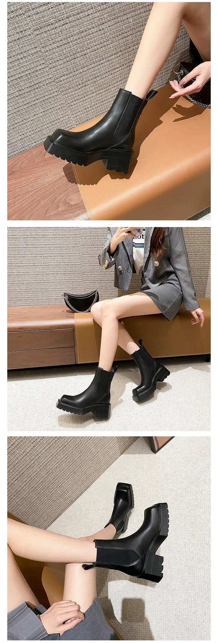 Black Leather Chelsea Boots Women Luxury Square Toe Thick Sole Non-slip Ankle Boots Cozy Chunky Heel Platform Shoes