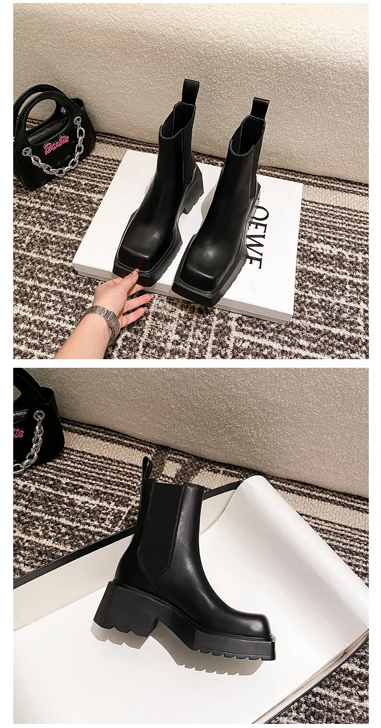 Black Leather Chelsea Boots Women Luxury Square Toe Thick Sole Non-slip Ankle Boots Cozy Chunky Heel Platform Shoes