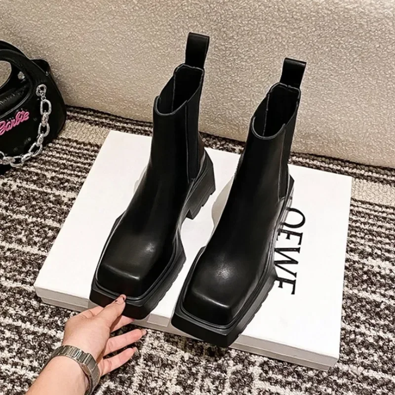 Black Leather Chelsea Boots Women Luxury Square Toe Thick Sole Non-slip Ankle Boots Cozy Chunky Heel Platform Shoes Black Leather Chelsea Boots Women Luxury Square Toe Thick Sole Non-slip Ankle Boots Cozy Chunky Heel Platform Shoes
