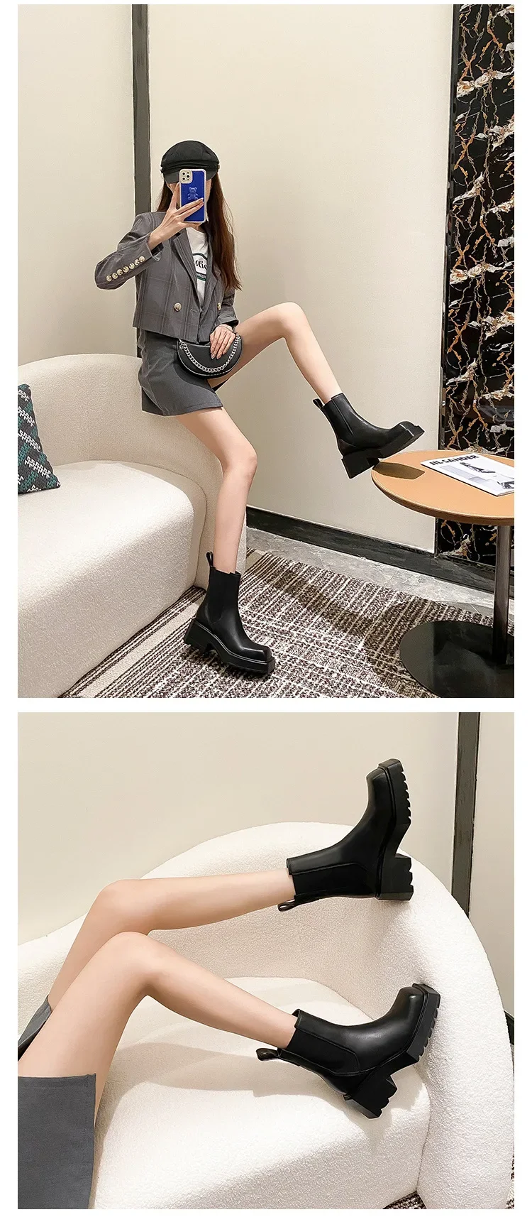 Black Leather Chelsea Boots Women Luxury Square Toe Thick Sole Non-slip Ankle Boots Cozy Chunky Heel Platform Shoes