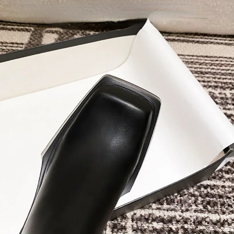 Black Leather Chelsea Boots Women Luxury Square Toe Thick Sole Non-slip Ankle Boots Cozy Chunky Heel Platform Shoes