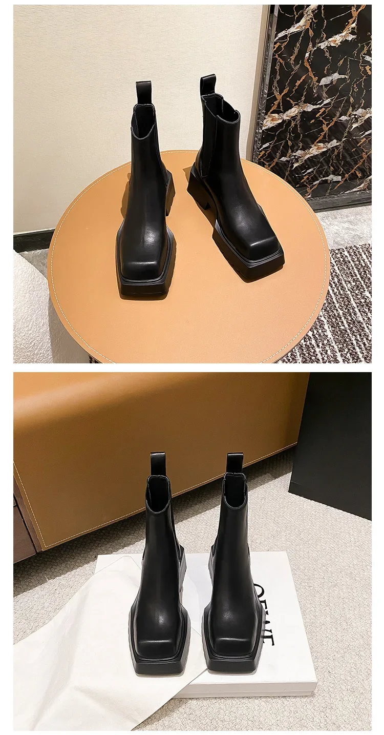 Black Leather Chelsea Boots Women Luxury Square Toe Thick Sole Non-slip Ankle Boots Cozy Chunky Heel Platform Shoes
