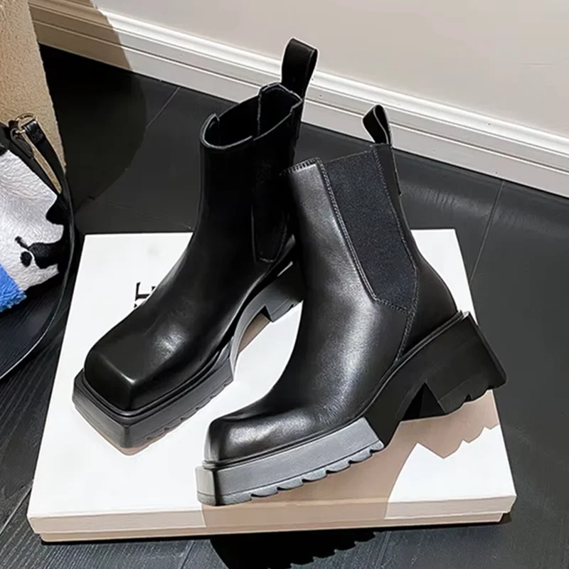 Black Leather Chelsea Boots Women Luxury Square Toe Thick Sole Non-slip Ankle Boots Cozy Chunky Heel Platform Shoes Black Leather Chelsea Boots Women Luxury Square Toe Thick Sole Non-slip Ankle Boots Cozy Chunky Heel Platform Shoes