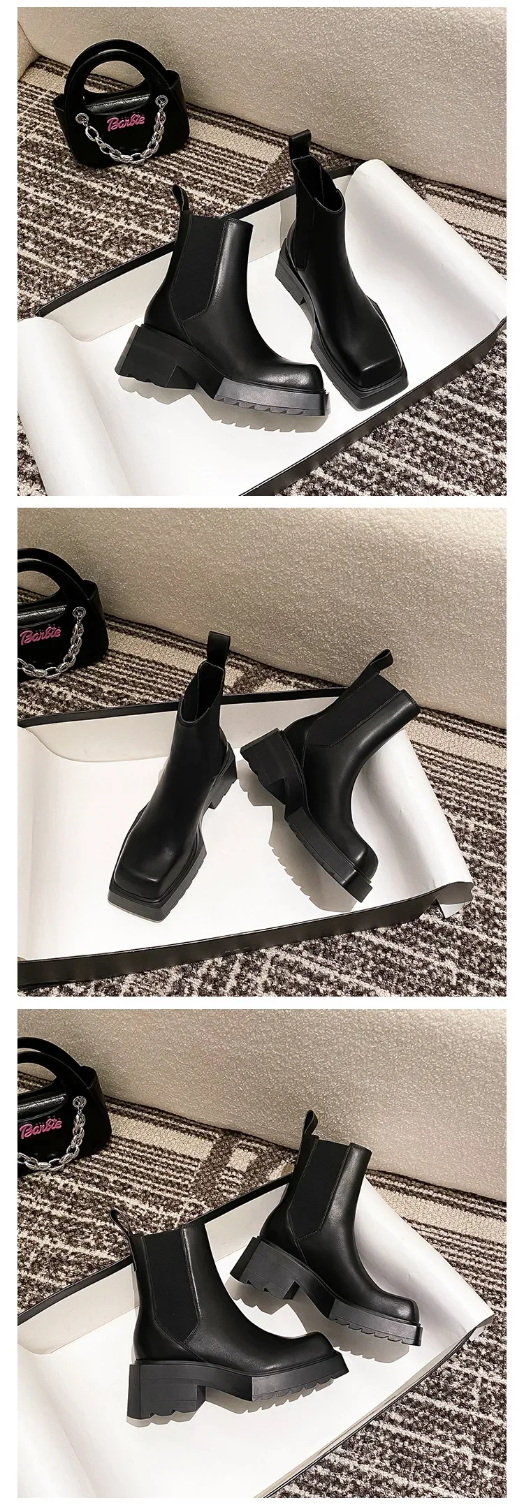 Black Leather Chelsea Boots Women Luxury Square Toe Thick Sole Non-slip Ankle Boots Cozy Chunky Heel Platform Shoes