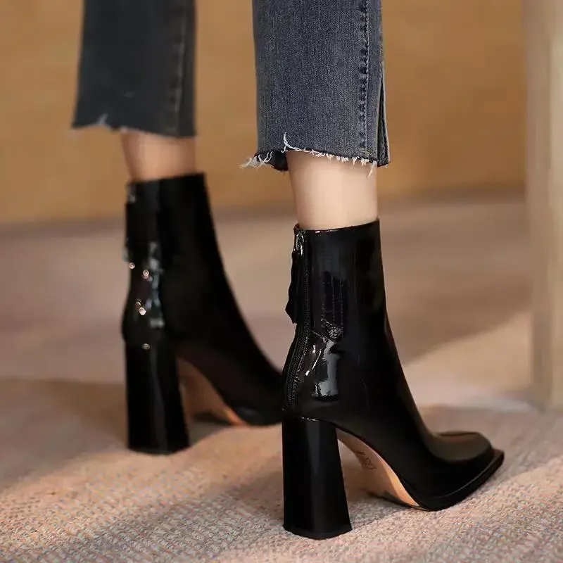 New Autumn Winter Ankle Boots Women High Heel Boots Fashion Thick Heel Short Boots Square Shoes Fashion Black Botas Shoes