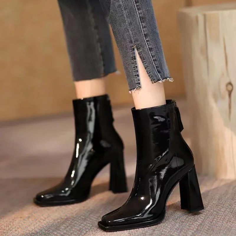 New Autumn Winter Ankle Boots Women High Heel Boots Fashion Thick Heel Short Boots Square Shoes Fashion Black Botas Shoes