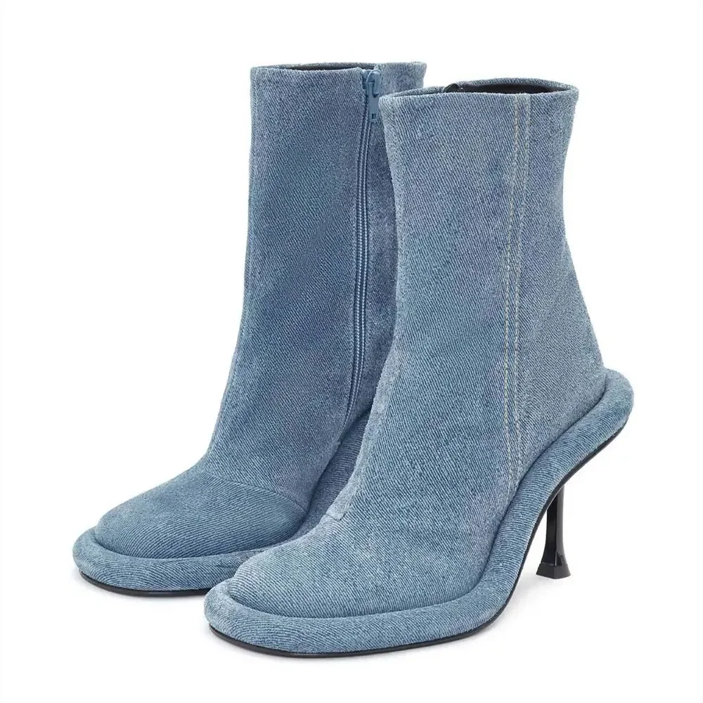New Fashion Stiletto Heel Retro European and American Brand Side Zipper Denim Short Boots Platform Shoes  Shoes for Women