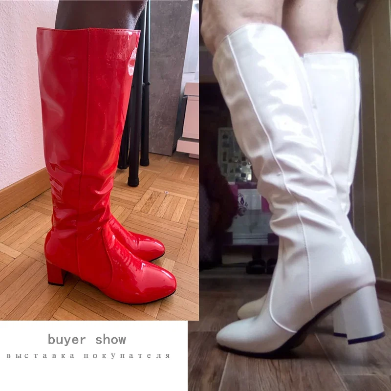 Autumn Winter Women&lsquo;s High Knee Boots Patent Leather Knee High Boots Women Waterproof White Red Black Party Fetish Shoes Lady