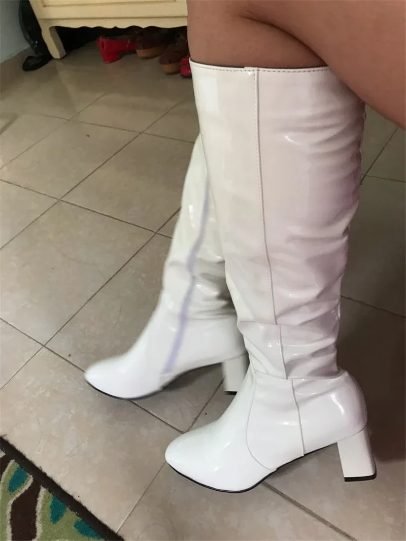 Autumn Winter Women&lsquo;s High Knee Boots Patent Leather Knee High Boots Women Waterproof White Red Black Party Fetish Shoes Lady