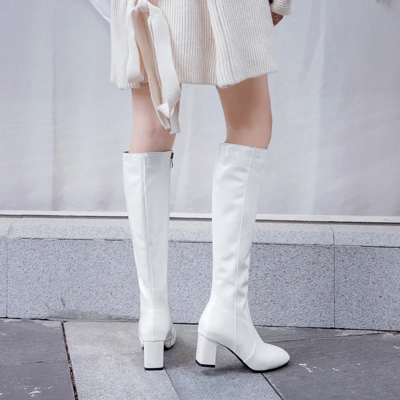 Autumn Winter Women&lsquo;s High Knee Boots Patent Leather Knee High Boots Women Waterproof White Red Black Party Fetish Shoes Lady