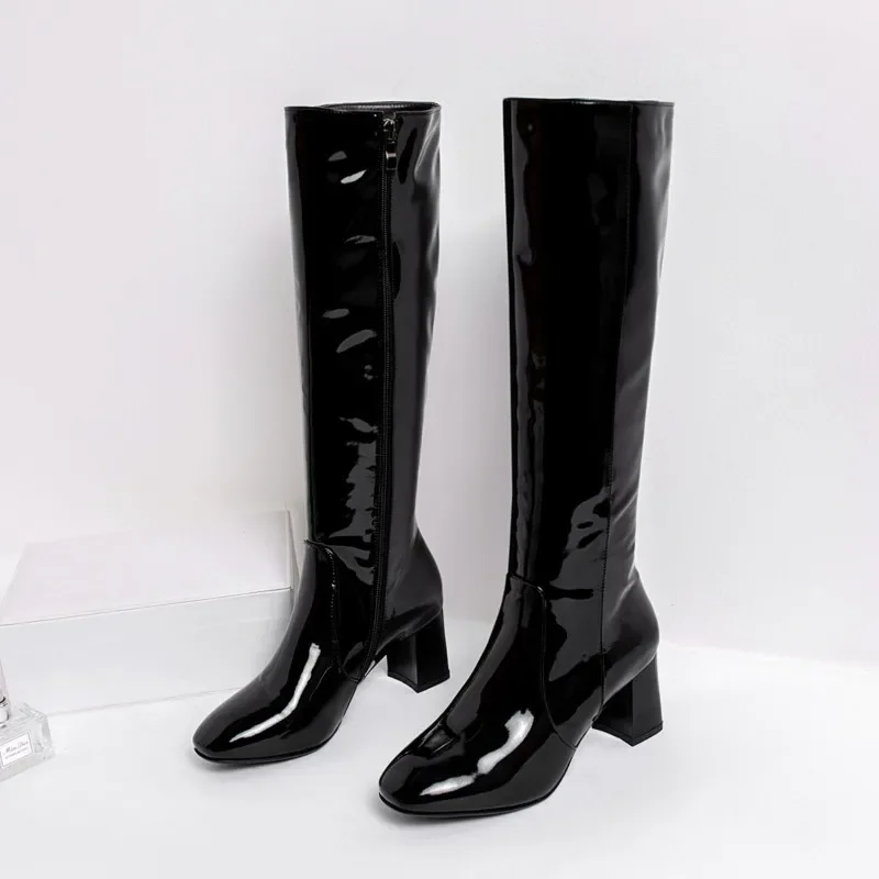 Autumn Winter Women&lsquo;s High Knee Boots Patent Leather Knee High Boots Women Waterproof White Red Black Party Fetish Shoes Lady