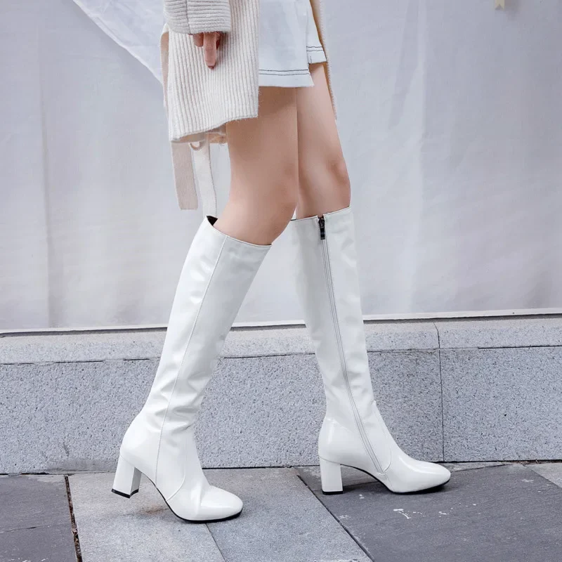 Autumn Winter Women&lsquo;s High Knee Boots Patent Leather Knee High Boots Women Waterproof White Red Black Party Fetish Shoes Lady