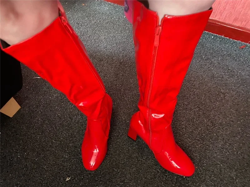Autumn Winter Women&lsquo;s High Knee Boots Patent Leather Knee High Boots Women Waterproof White Red Black Party Fetish Shoes Lady
