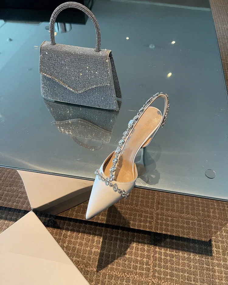 Luxury Women High Heels Ladies Pointed Toe Party Wedding Shoes White Black Stiletto Summer Rhinestone Slingback Sandals Female Luxury Women High Heels Ladies Pointed Toe Party Wedding Shoes White Black Stiletto Summer Rhinestone Slingback Sandals Female