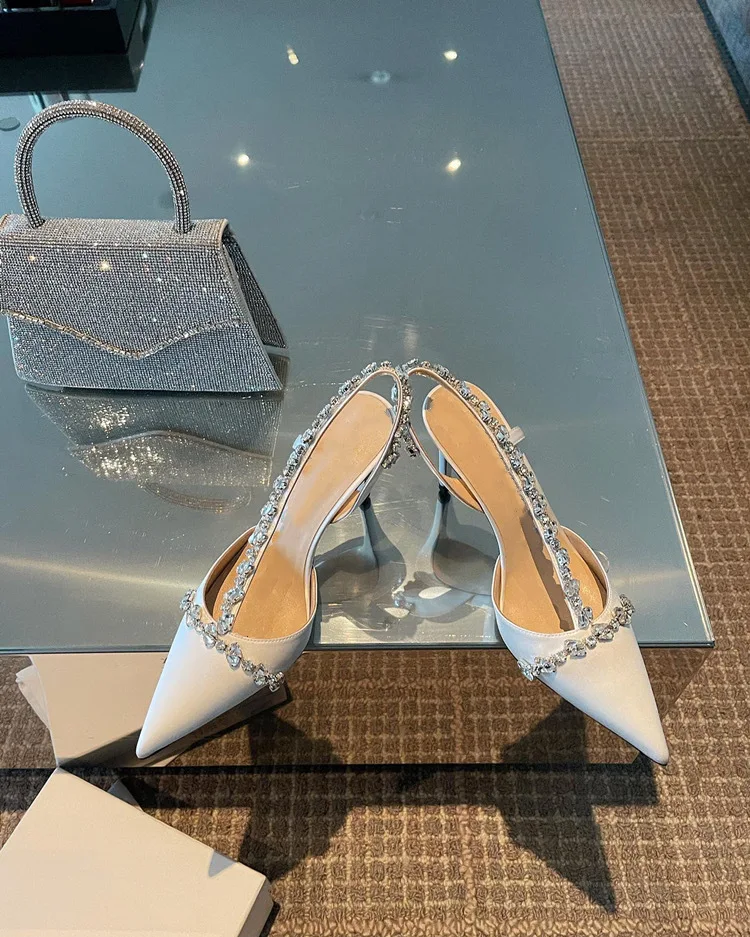 Luxury Women High Heels Ladies Pointed Toe Party Wedding Shoes White Black Stiletto Summer Rhinestone Slingback Sandals Female Luxury Women High Heels Ladies Pointed Toe Party Wedding Shoes White Black Stiletto Summer Rhinestone Slingback Sandals Female