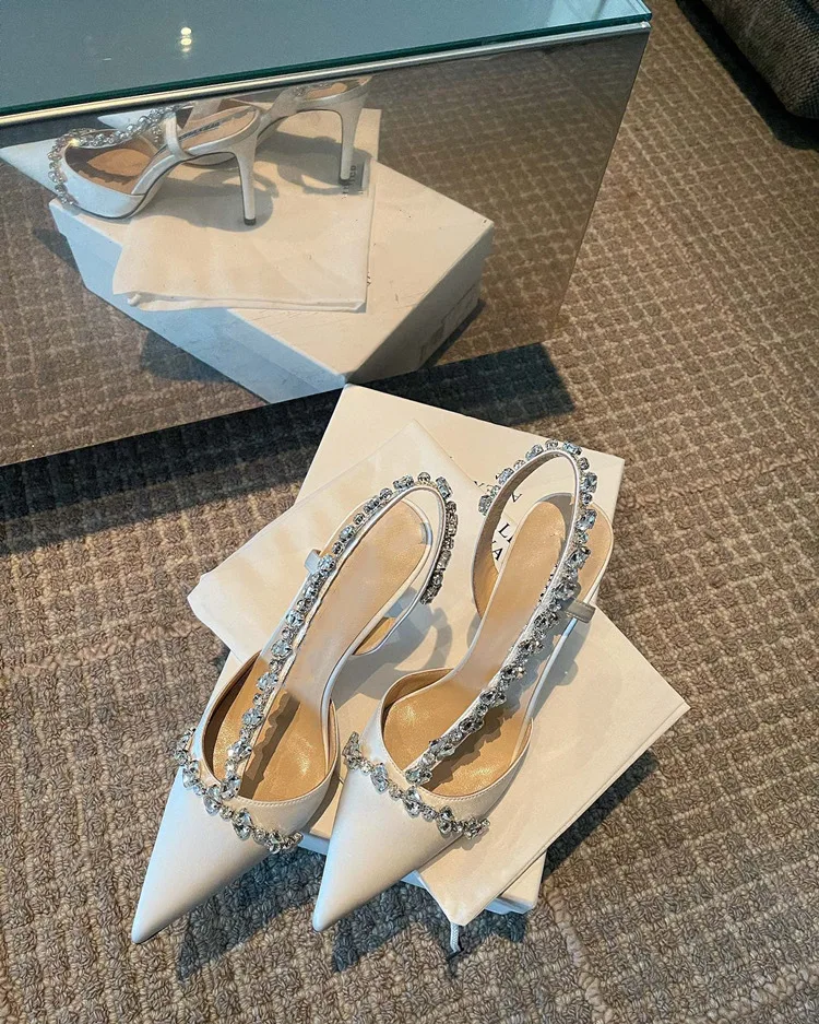 Luxury Women High Heels Ladies Pointed Toe Party Wedding Shoes White Black Stiletto Summer Rhinestone Slingback Sandals Female Luxury Women High Heels Ladies Pointed Toe Party Wedding Shoes White Black Stiletto Summer Rhinestone Slingback Sandals Female