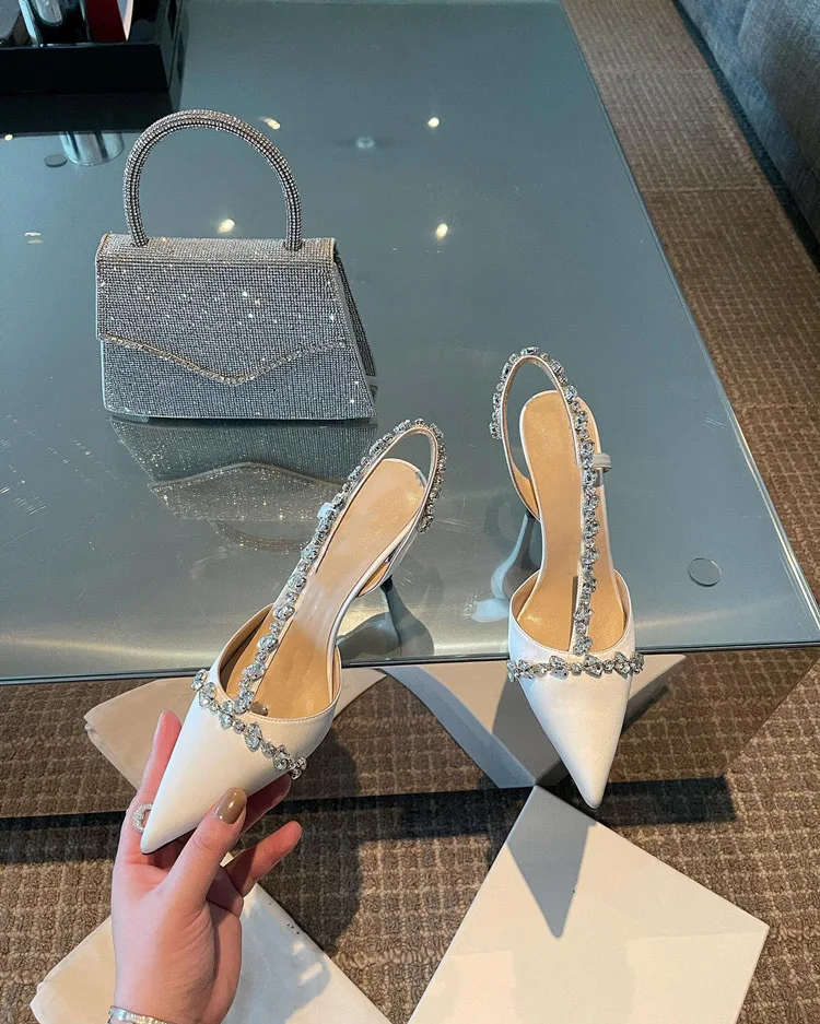 Luxury Women High Heels Ladies Pointed Toe Party Wedding Shoes White Black Stiletto Summer Rhinestone Slingback Sandals Female Luxury Women High Heels Ladies Pointed Toe Party Wedding Shoes White Black Stiletto Summer Rhinestone Slingback Sandals Female