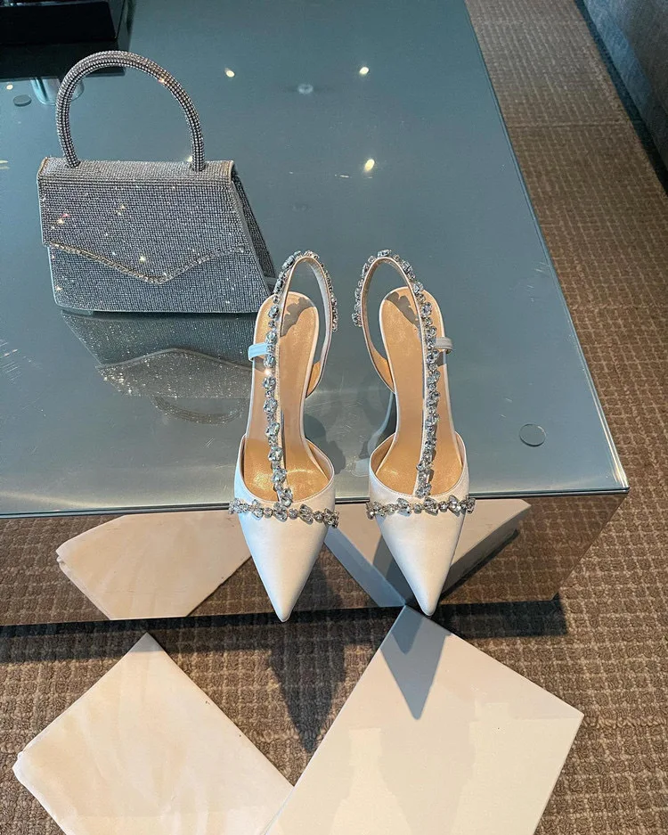Luxury Women High Heels Ladies Pointed Toe Party Wedding Shoes White Black Stiletto Summer Rhinestone Slingback Sandals Female Luxury Women High Heels Ladies Pointed Toe Party Wedding Shoes White Black Stiletto Summer Rhinestone Slingback Sandals Female