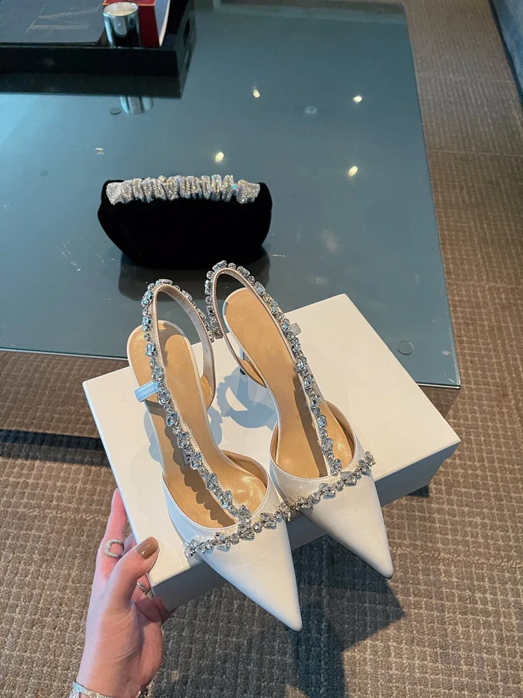 Luxury Women High Heels Ladies Pointed Toe Party Wedding Shoes White Black Stiletto Summer Rhinestone Slingback Sandals Female Luxury Women High Heels Ladies Pointed Toe Party Wedding Shoes White Black Stiletto Summer Rhinestone Slingback Sandals Female
