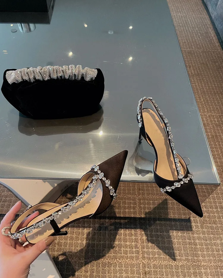 Luxury Women High Heels Ladies Pointed Toe Party Wedding Shoes White Black Stiletto Summer Rhinestone Slingback Sandals Female