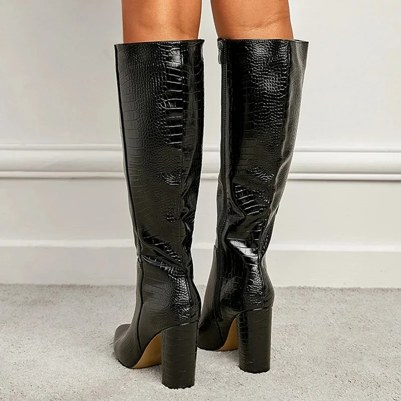 Black Serpentine Fashion Women Knee High Boots Sexy Pointed Toe Square Heels Ladies Long Boot Zipper Female Shoes