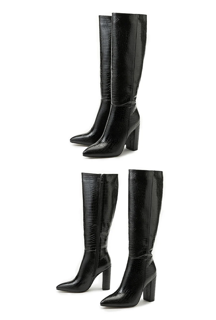Black Serpentine Fashion Women Knee High Boots Sexy Pointed Toe Square Heels Ladies Long Boot Zipper Female Shoes