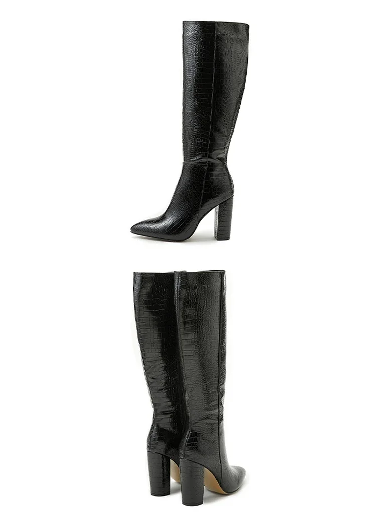 Black Serpentine Fashion Women Knee High Boots Sexy Pointed Toe Square Heels Ladies Long Boot Zipper Female Shoes