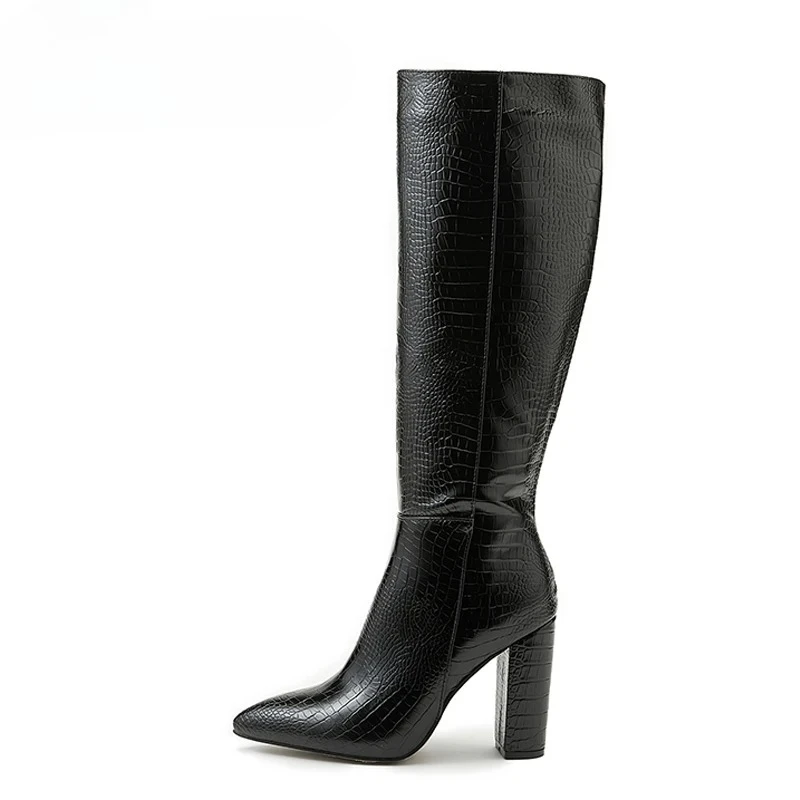 Black Serpentine Fashion Women Knee High Boots Sexy Pointed Toe Square Heels Ladies Long Boot Zipper Female Shoes