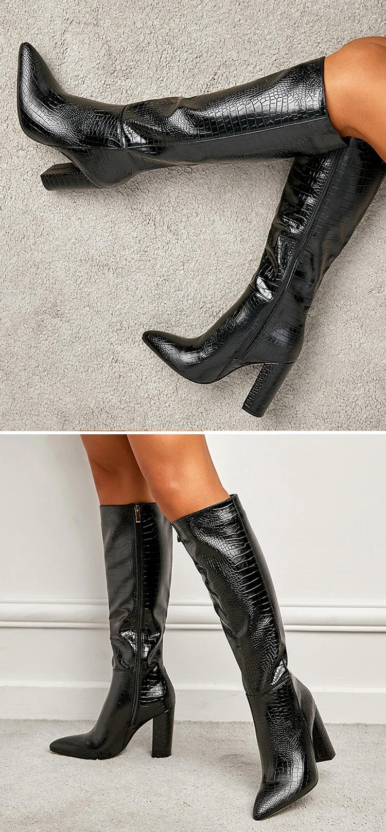 Black Serpentine Fashion Women Knee High Boots Sexy Pointed Toe Square Heels Ladies Long Boot Zipper Female Shoes