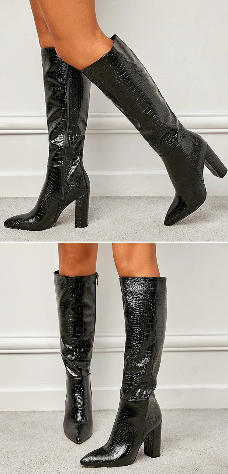 Black Serpentine Fashion Women Knee High Boots Sexy Pointed Toe Square Heels Ladies Long Boot Zipper Female Shoes