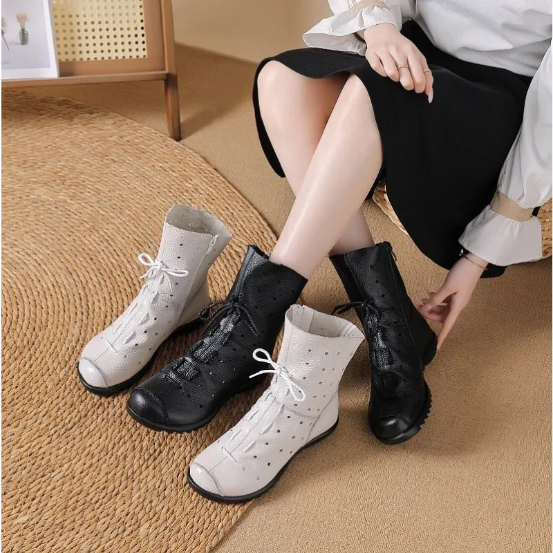 New Genuine Leather Boots Women's Laced Up Hollow Out Shoes Ladies Zip Up Mid Calf Boots Woman Concise White Luxury Boot Vintage